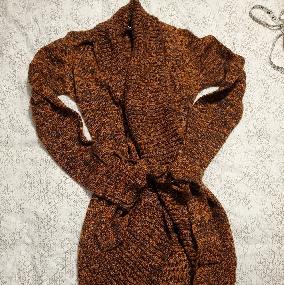 Modcloth Orange and Brown Belted Wrap Sweater